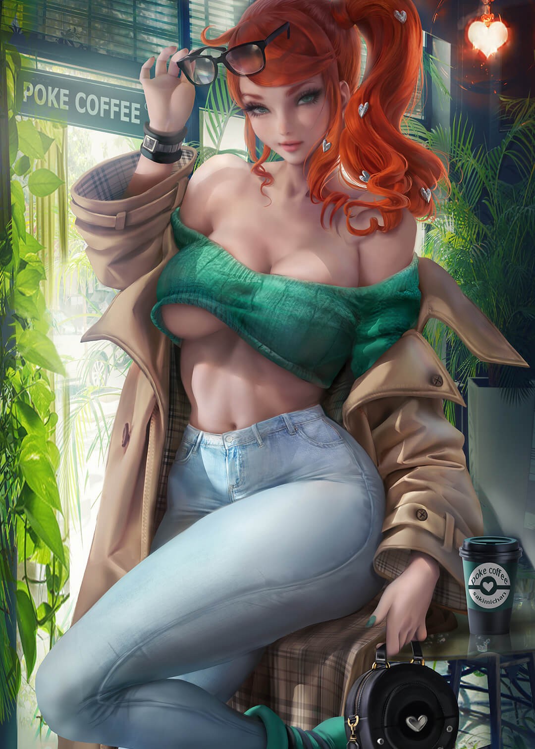 手拿眼镜的淡蓝色紧身牛仔裤美女美图！风衣下显露的身材真好
