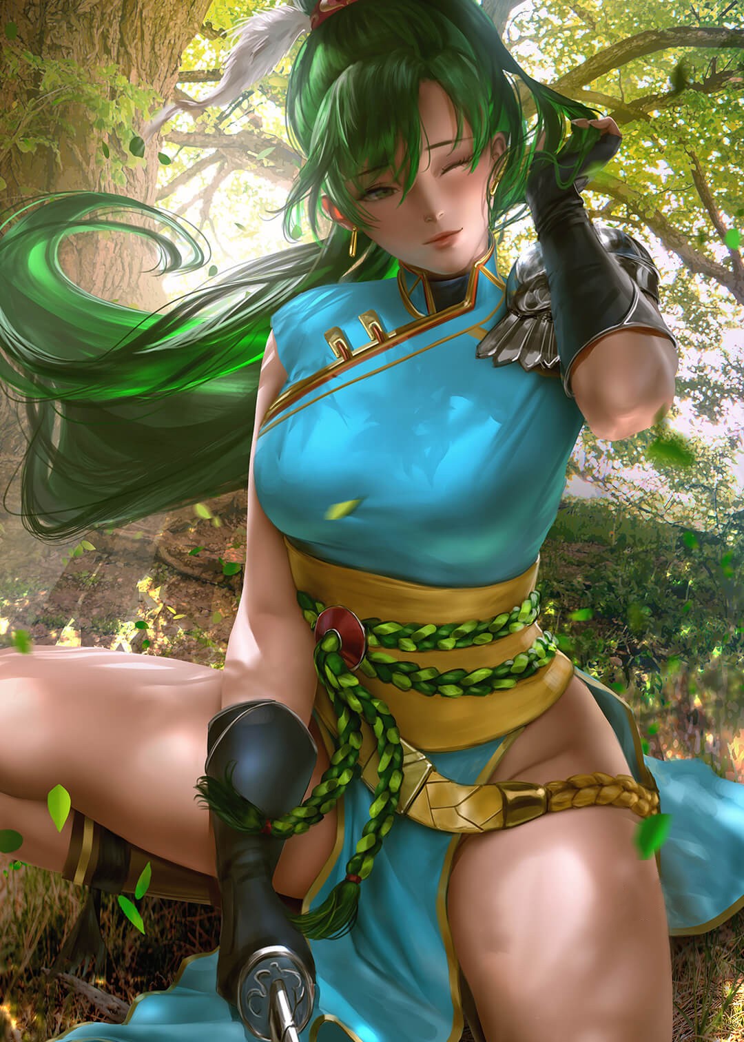 森林中的绿色头发刀客美女手机壁纸，这是准备行动了吗？