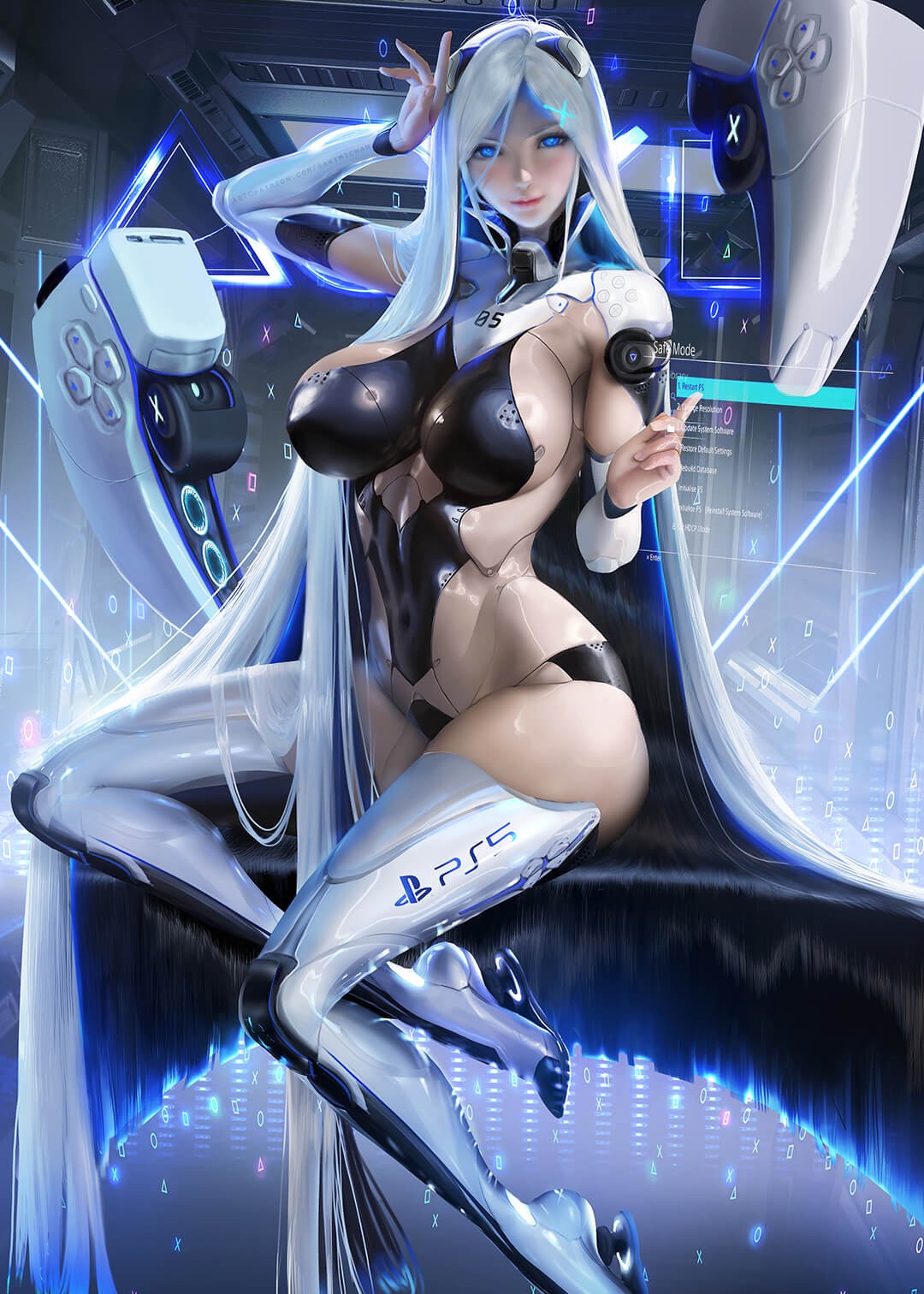 机械美少女换装美图壁纸，机器美少女的白色头发真长