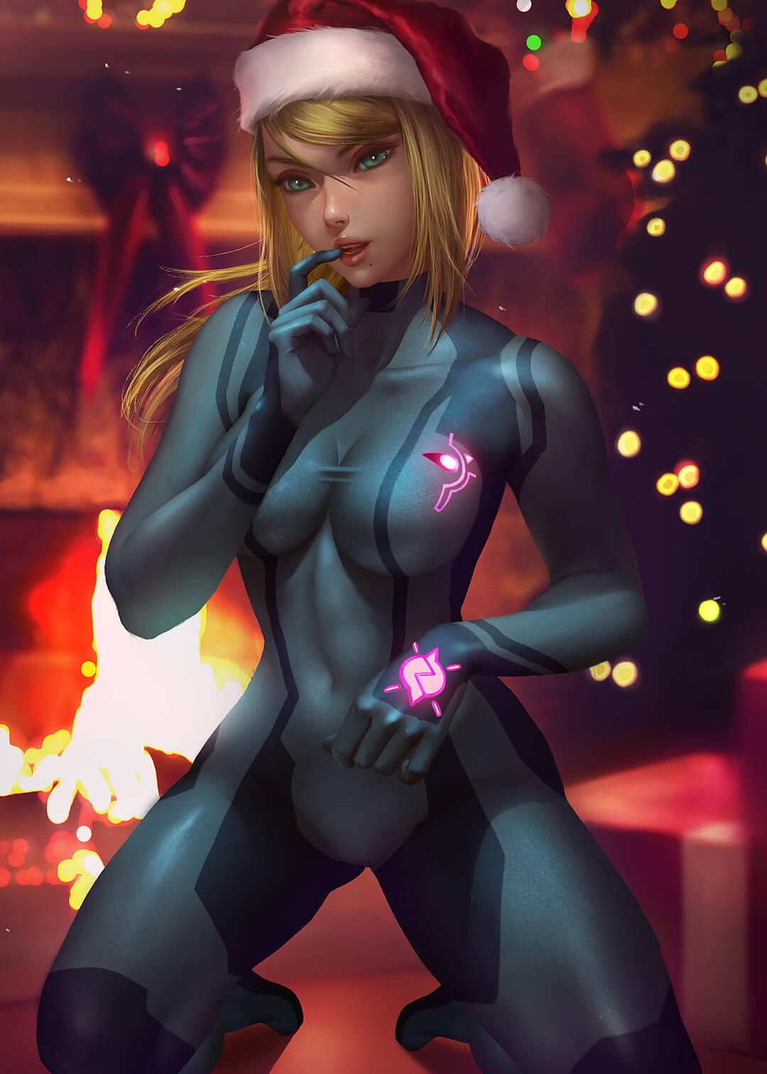 红色主题的圣诞节紧身特工衣服美女美图欣赏，紧身衣美女手机壁纸