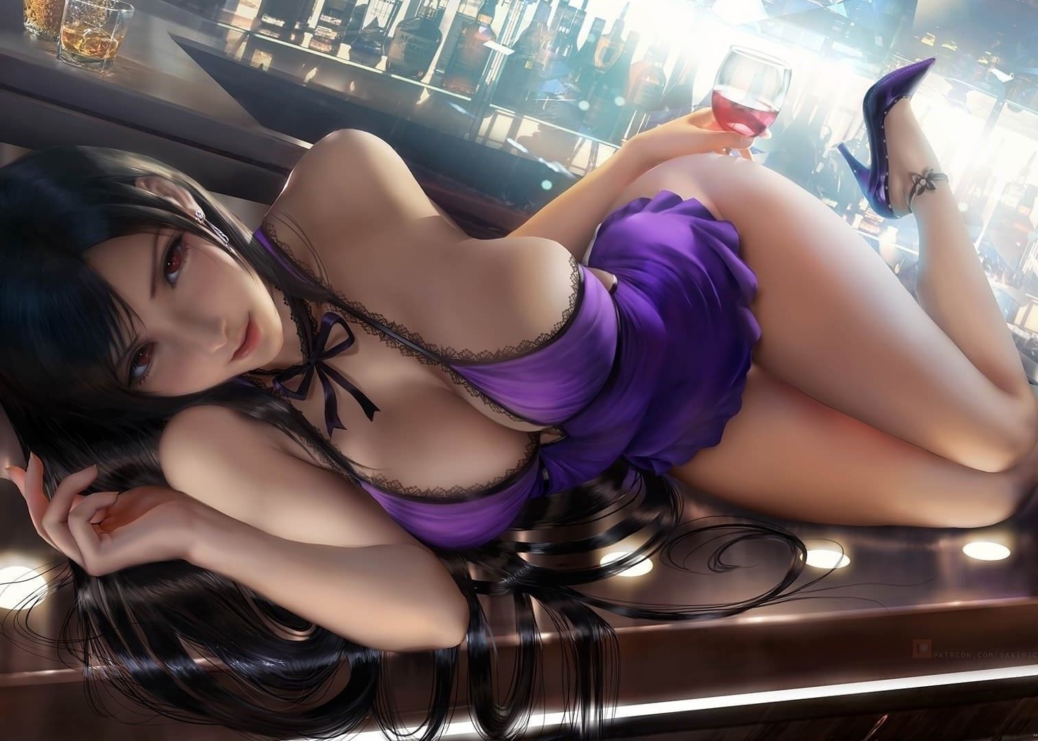 紫色睡衣黑色长发美女电脑桌面壁纸！放到你的电脑桌面上吧