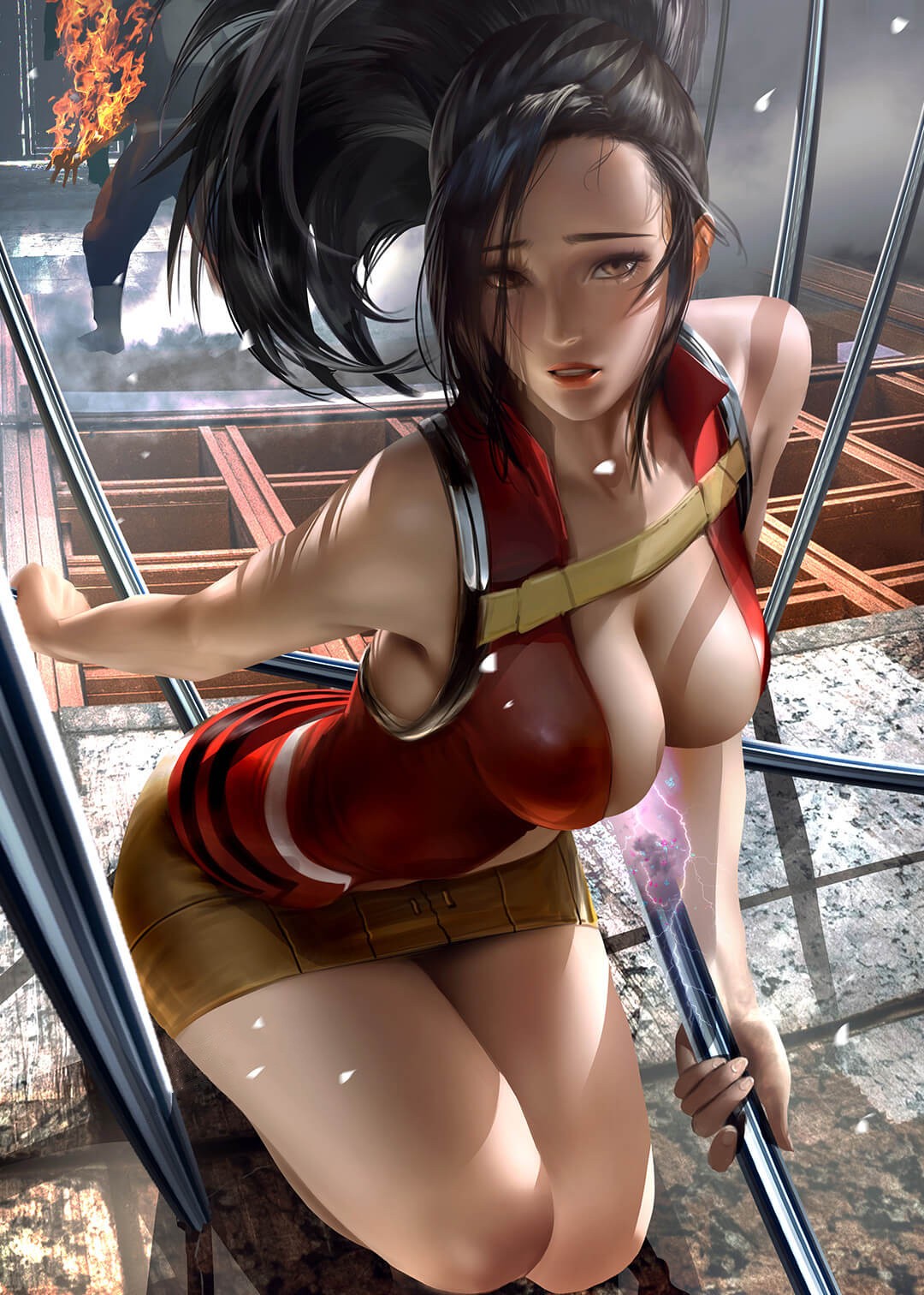 红衣黑发马尾美女换装美图，手里还握着一根魔法棒…