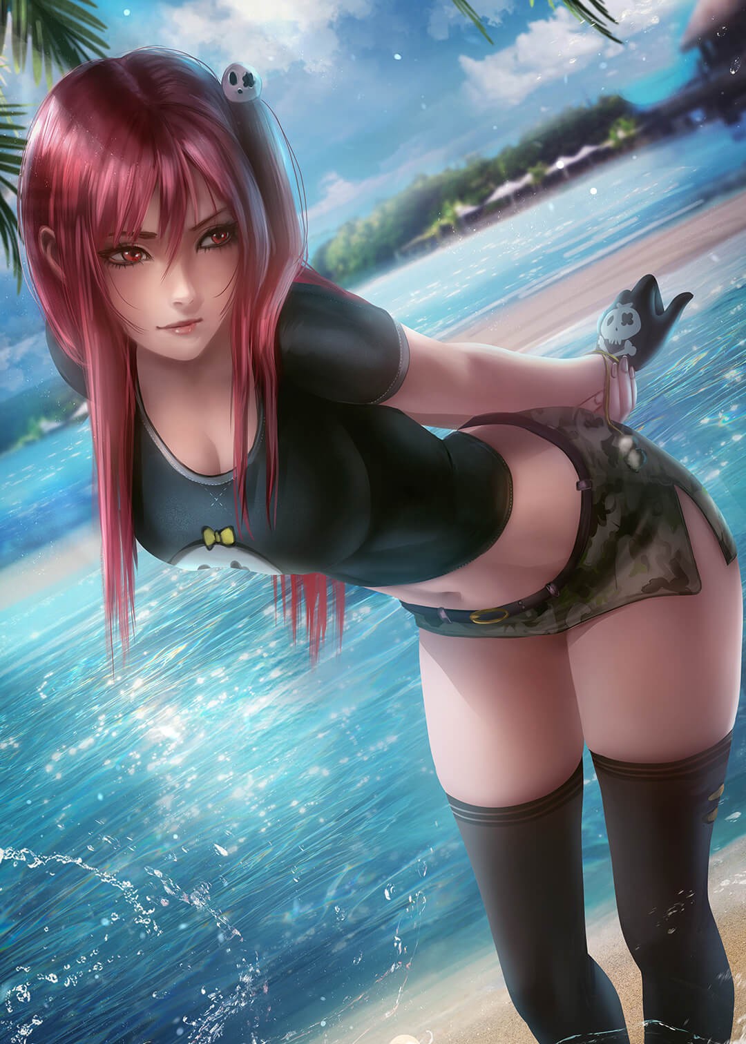适合女生用的手机壁纸，海边红色长发及腰的可爱衣服美女美图