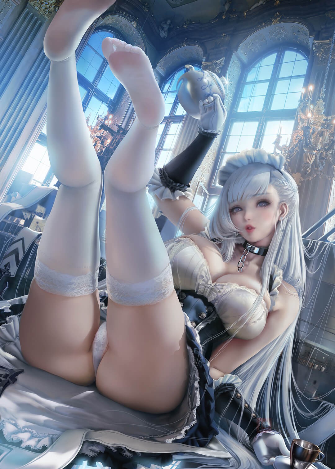 白色头发的女仆装美女穿白色丝袜真好看，白色丝袜女仆装美女手机壁纸