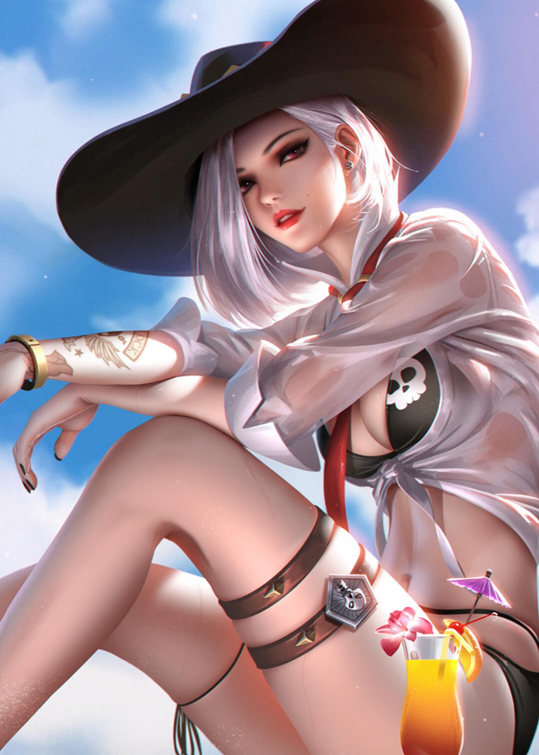 ​这样衣着的清秀美女一看就是在海边玩耍，戴帽子的白发美女手机壁纸美图