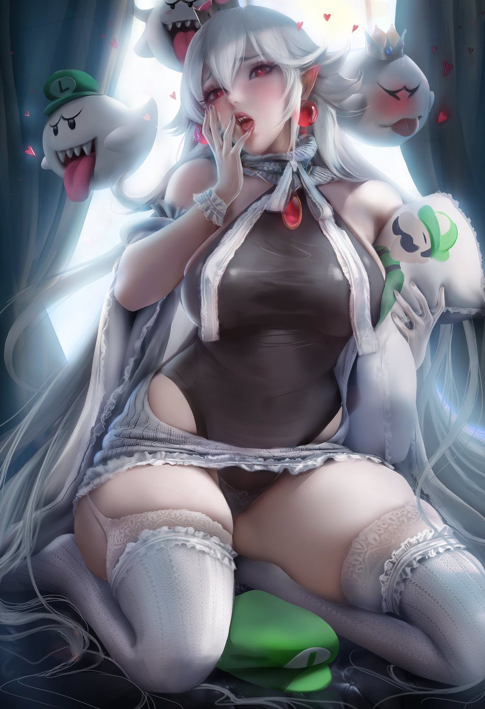 白色长发美女白色丝袜美图！美女旁边的白色布偶真可爱