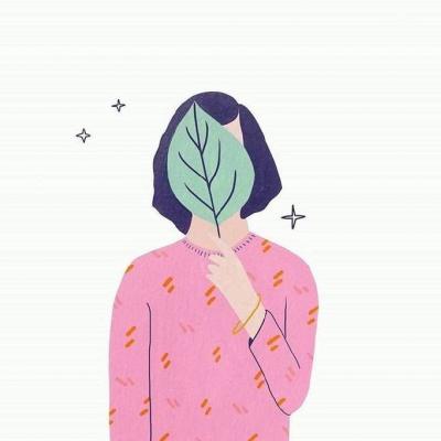 男生女生用绿色叶子挡脸卡通头像一左一右