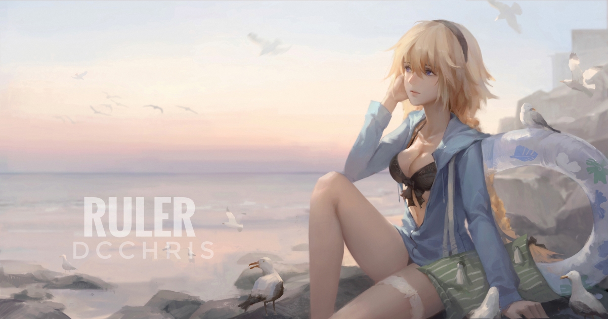 海边 动漫美女 Fate 贞德电脑桌面壁纸