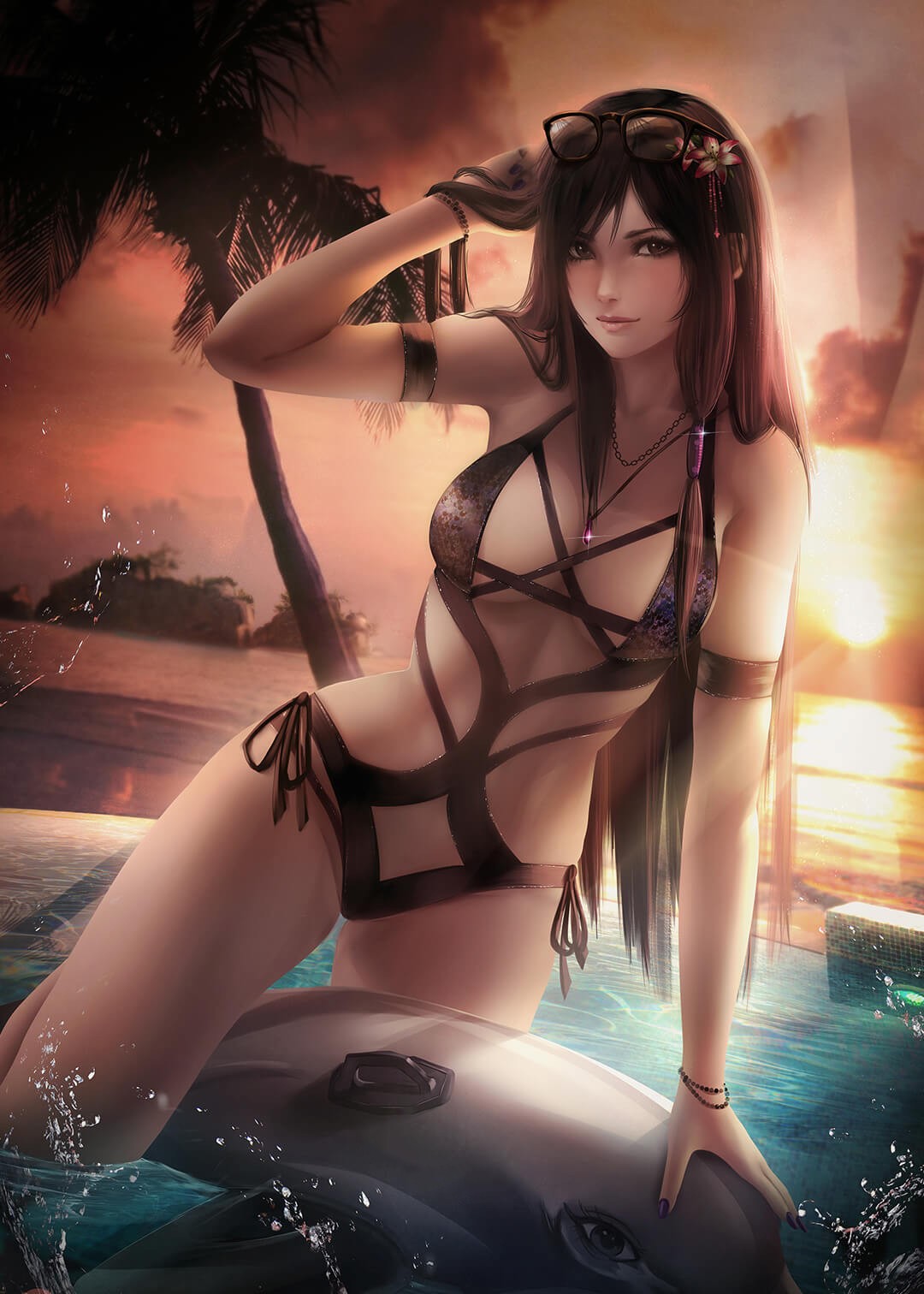 比基尼美女骑着海豚的玩水的美图，黄昏时分的动漫美女手机壁纸