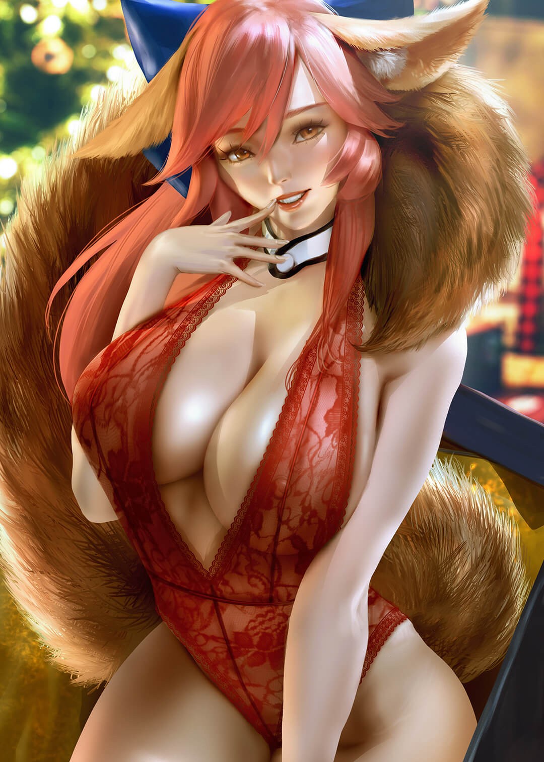 红发红衣的女狐狸精美图！黄色的耳朵和尾巴毛茸茸的好想摸