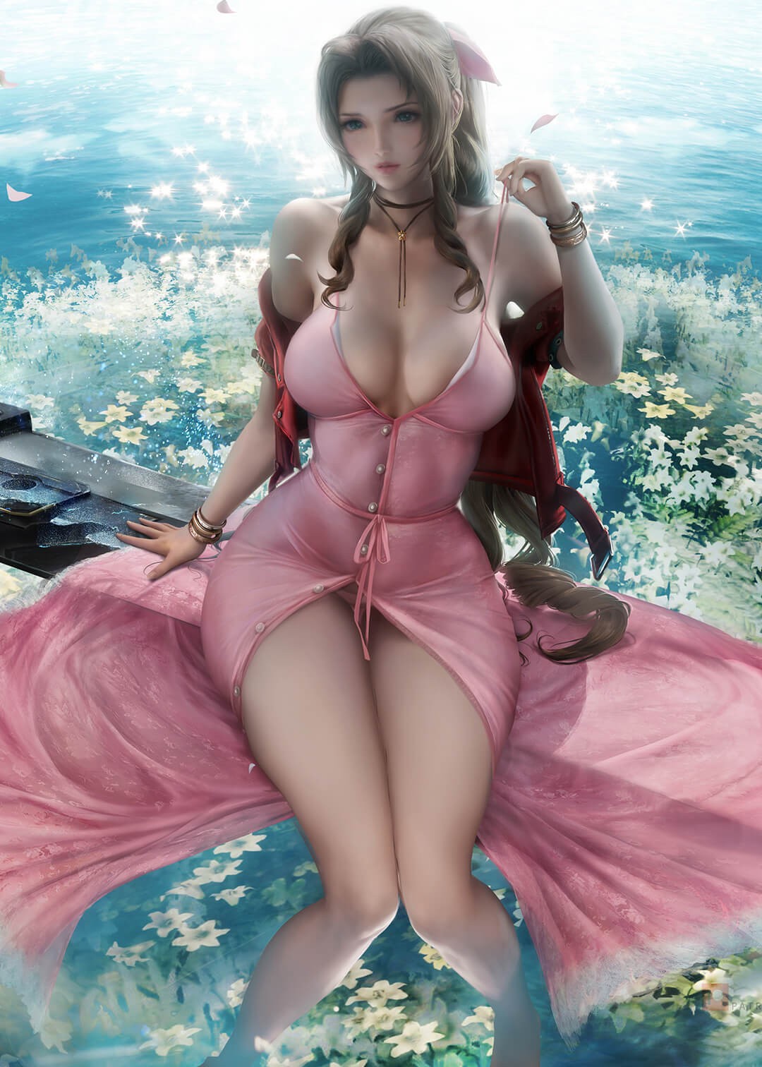 最终幻想蒂法穿粉色衣服坐在水边的图片，快来做手机壁纸吧