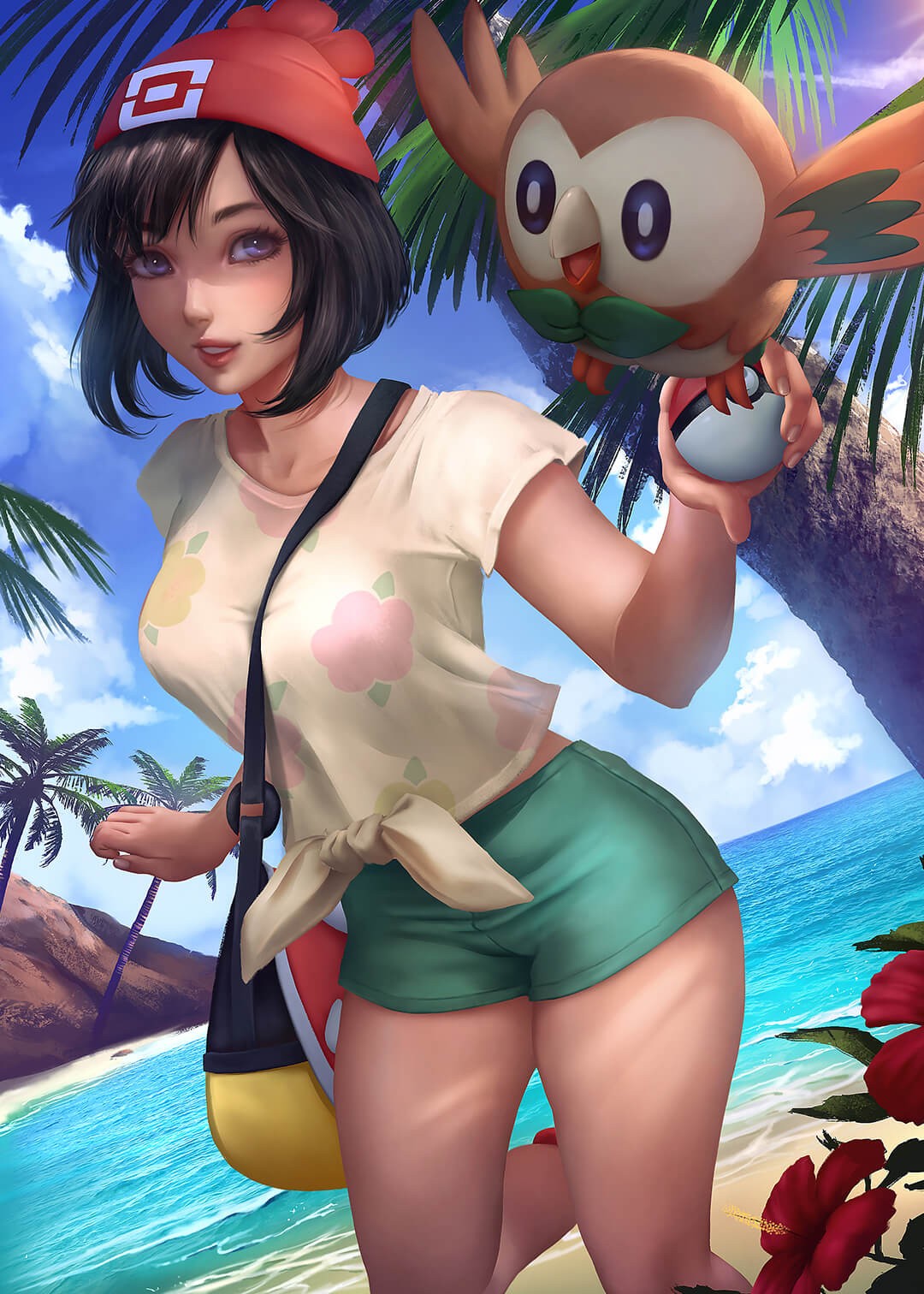 海滩椰子树下玩耍的黑色短发小红帽短袖短裤美少女泳装图