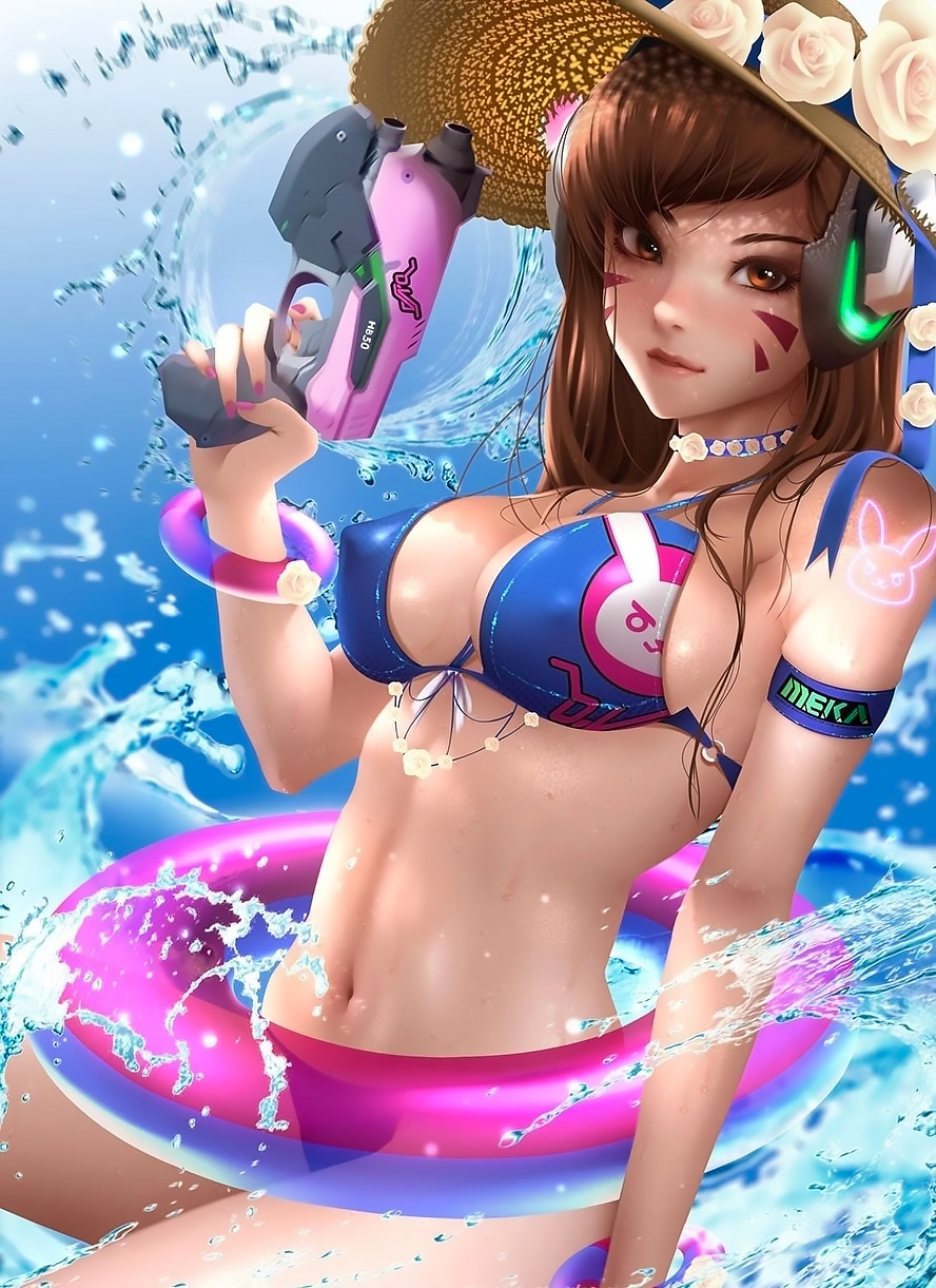 守望先锋女英雄DVA戴着游泳圈玩水的手机主题壁纸图片